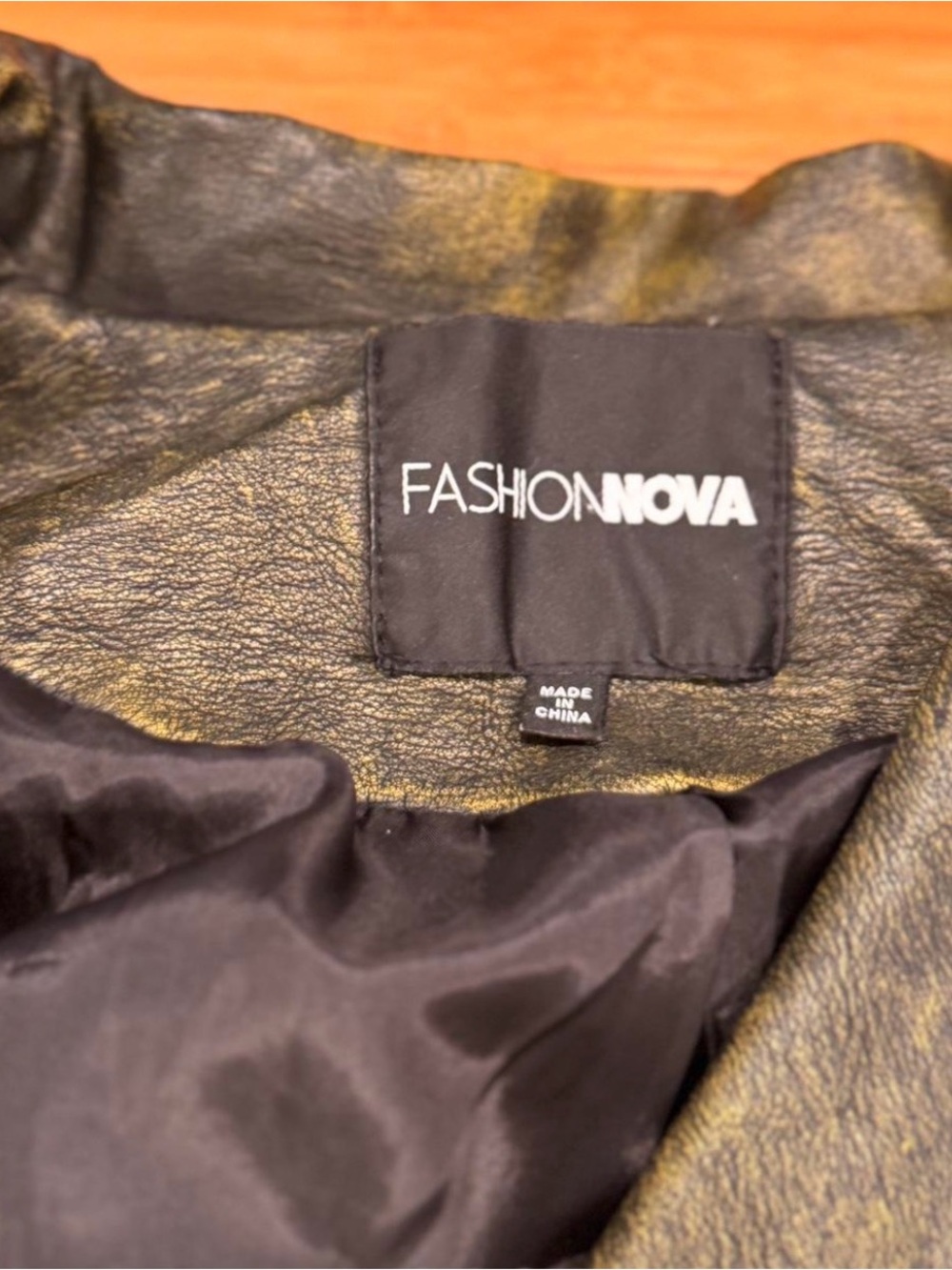 Fashion Nova Cropped Distressed Moto Jacket in Black and Gold Wash - Picture 2 of 2